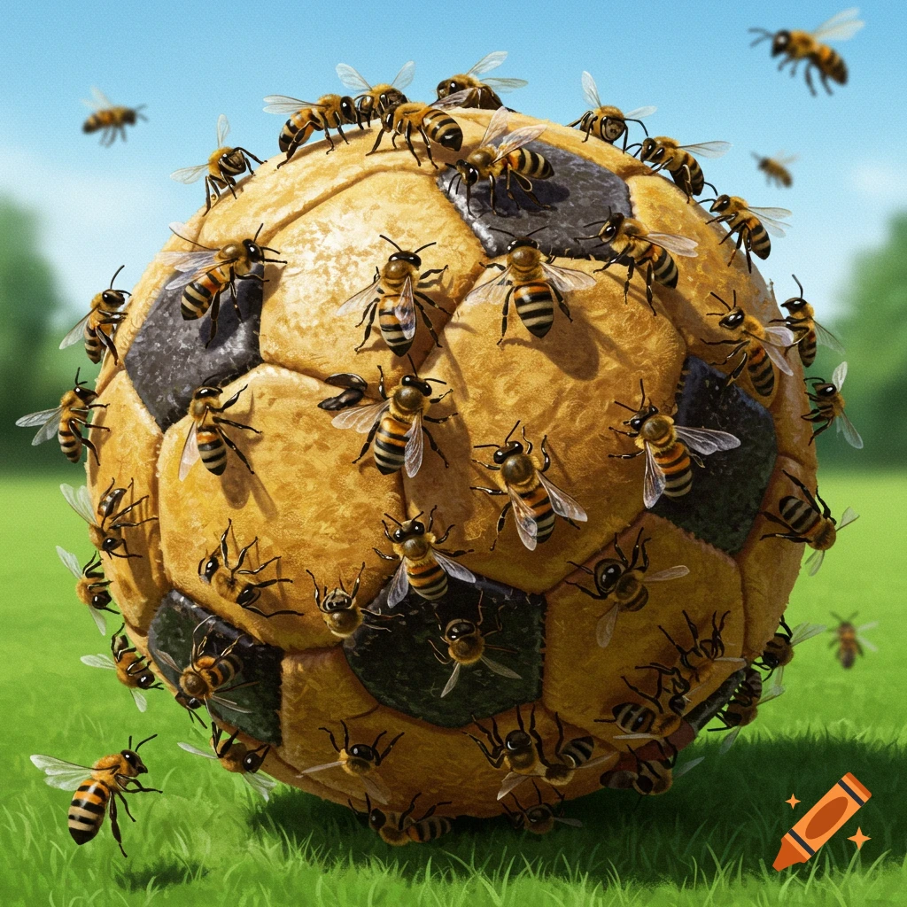 A soccer ball covered in bees sits on green grass under a blue sky.
