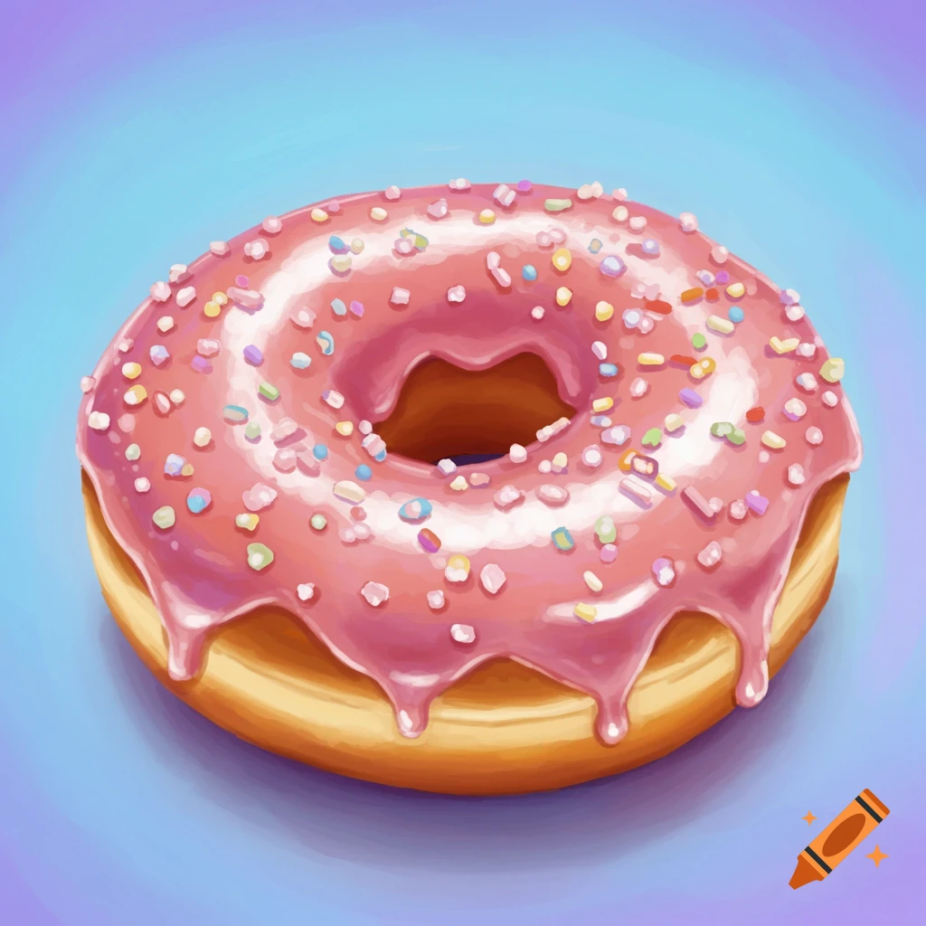 A pink glazed donut with colorful sprinkles on a gradient background, digital art.