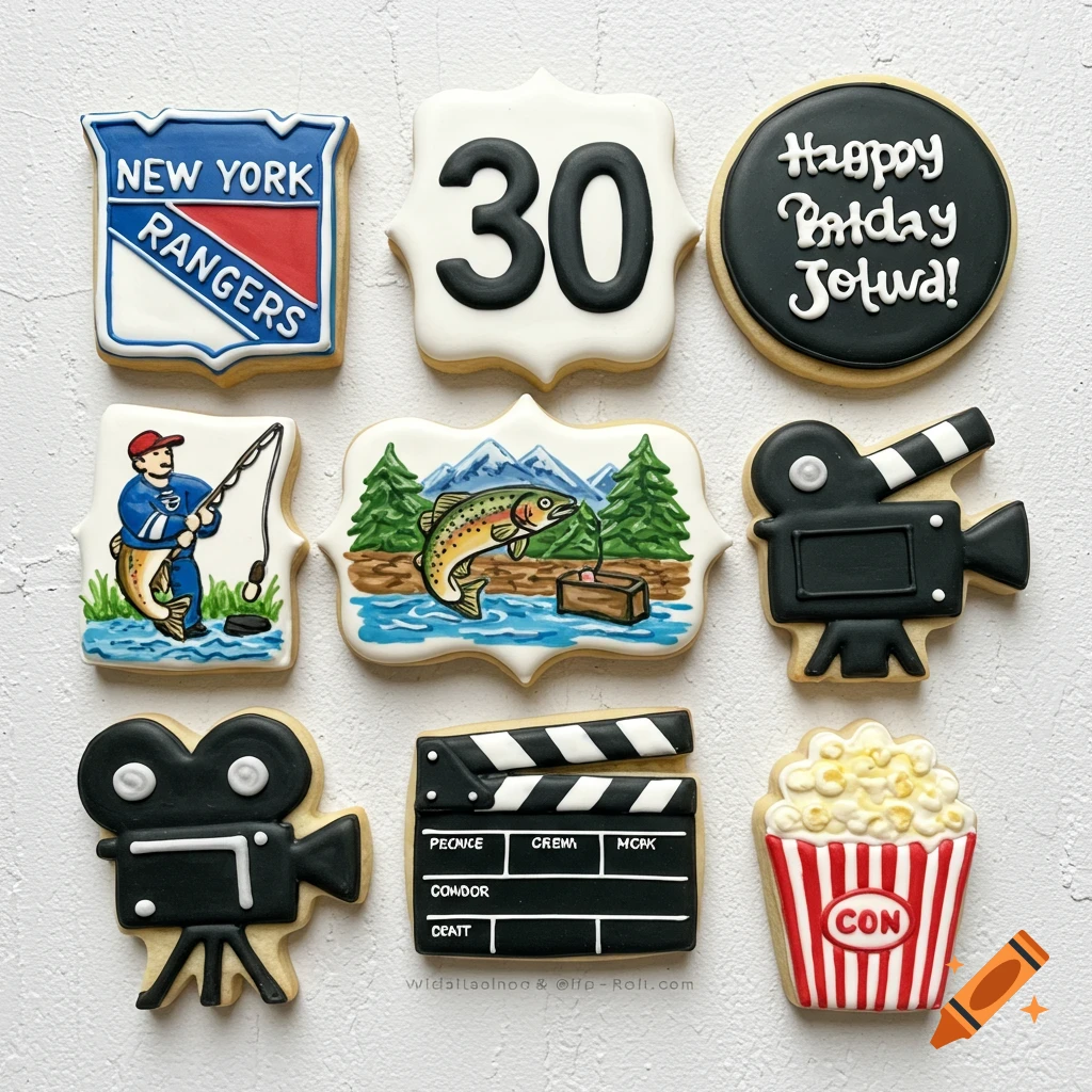 Grid of decorated sugar cookies themed for a 30th birthday, NY Rangers, fishing, and movies.