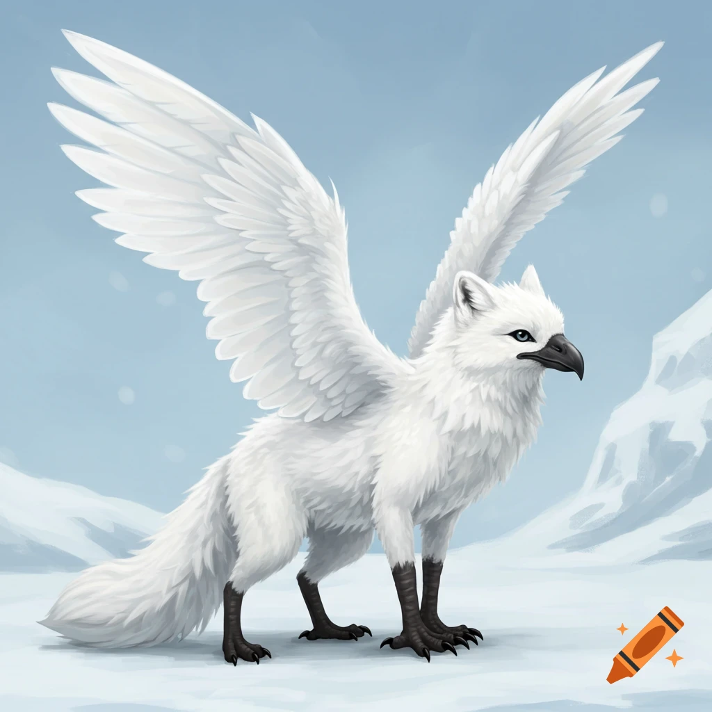 A white winged creature with a beak and claws stands in a snowy landscape.
