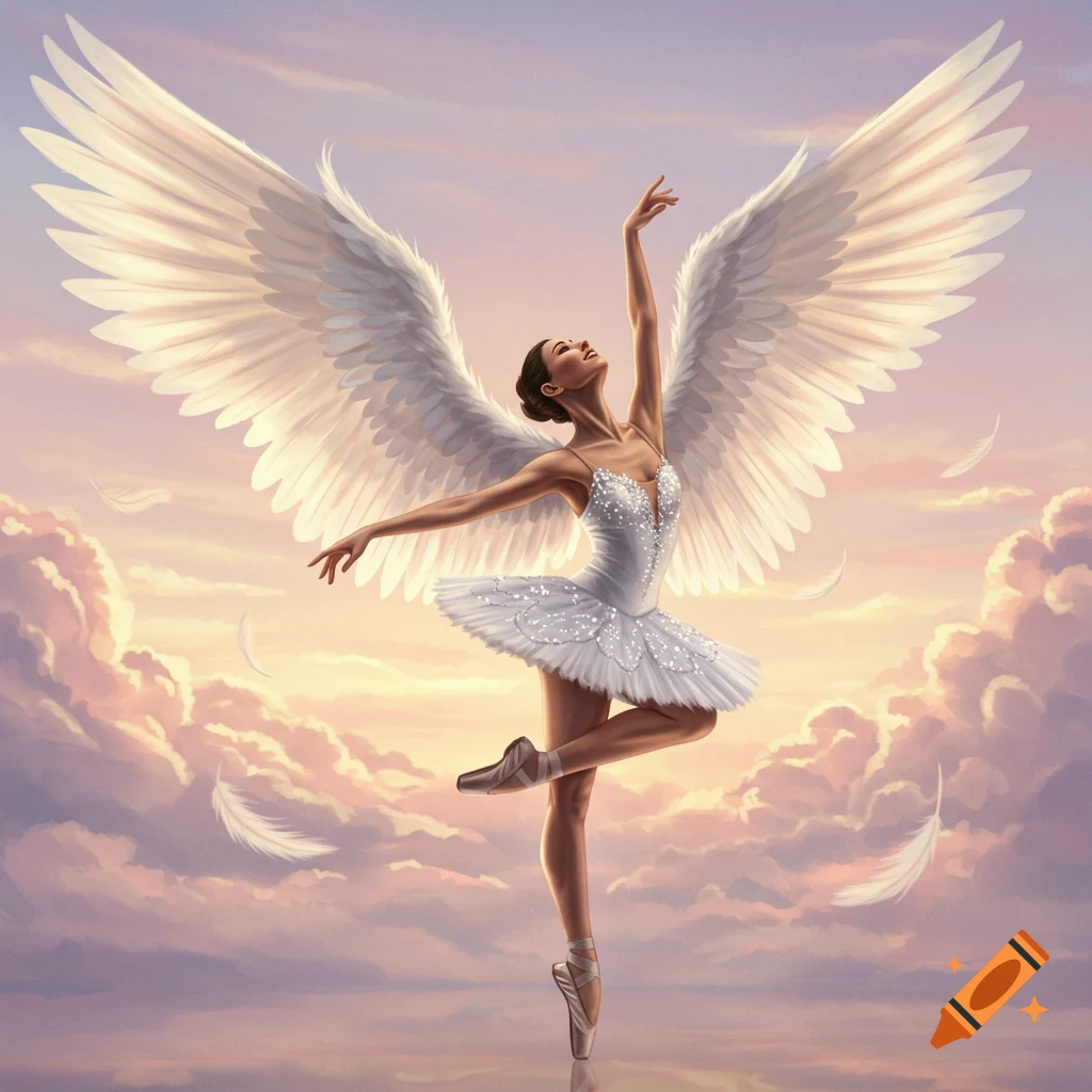 A ballerina with large white wings dances en pointe in a cloudy pink and purple sky.
