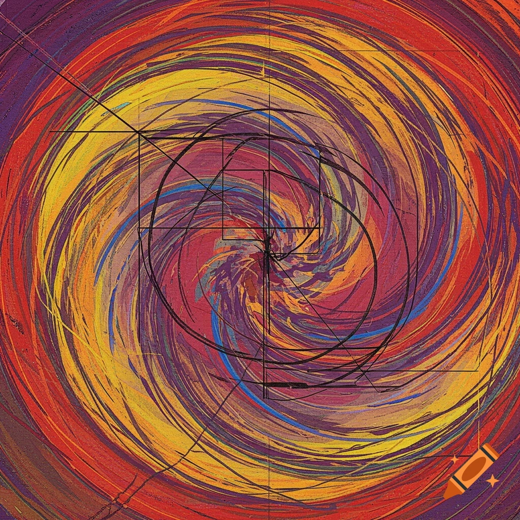 Abstract colorful swirl with geometric lines and shapes depicting a mathematical construction like a Fibonacci spiral.