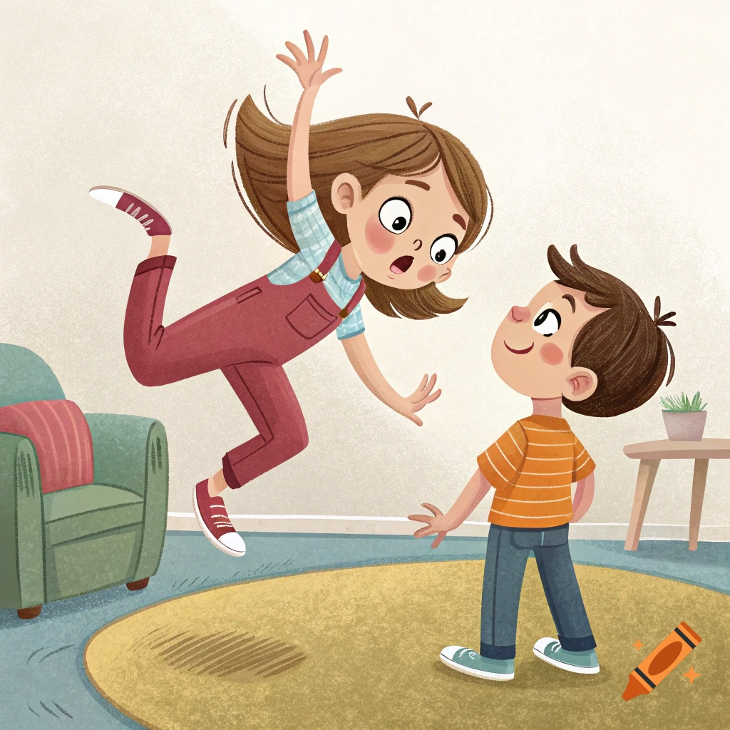 Cartoon illustration of a girl tripping or falling in front of a boy indoors.