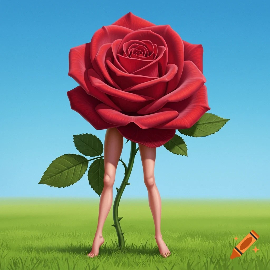 Surreal image of a giant red rose with human legs standing in a grassy field under a blue sky.