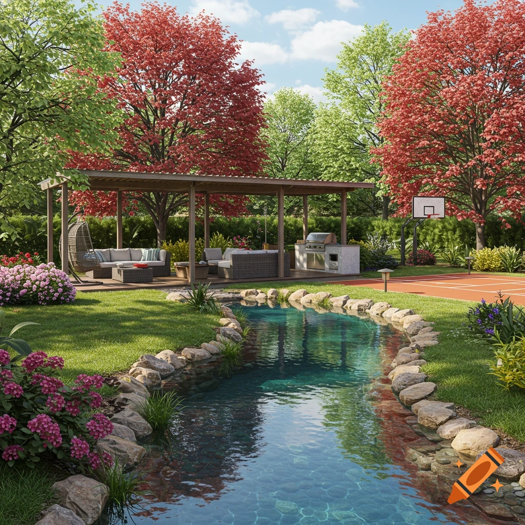 Lush backyard with a winding stream, covered patio seating, grill, and basketball court.