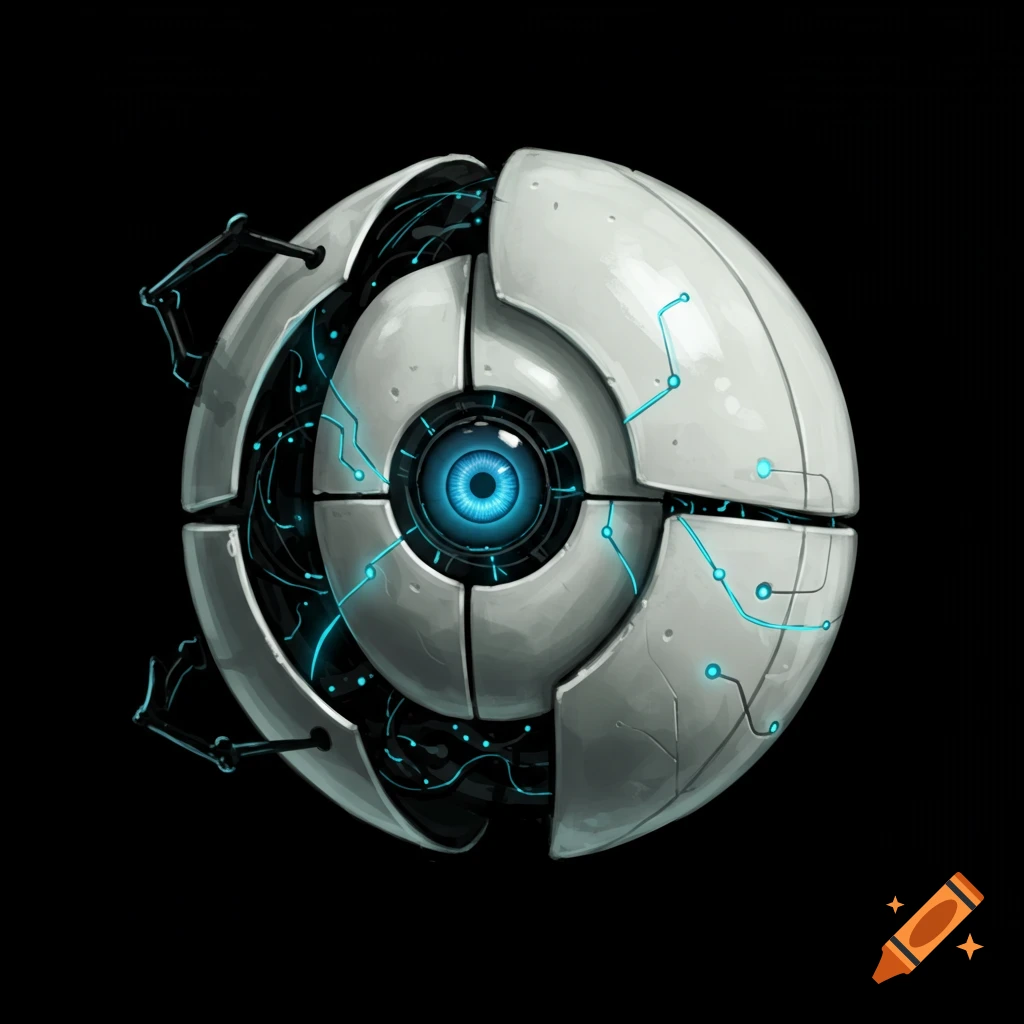 A white robotic sphere with a bright blue eye and mechanical parts against a black background.