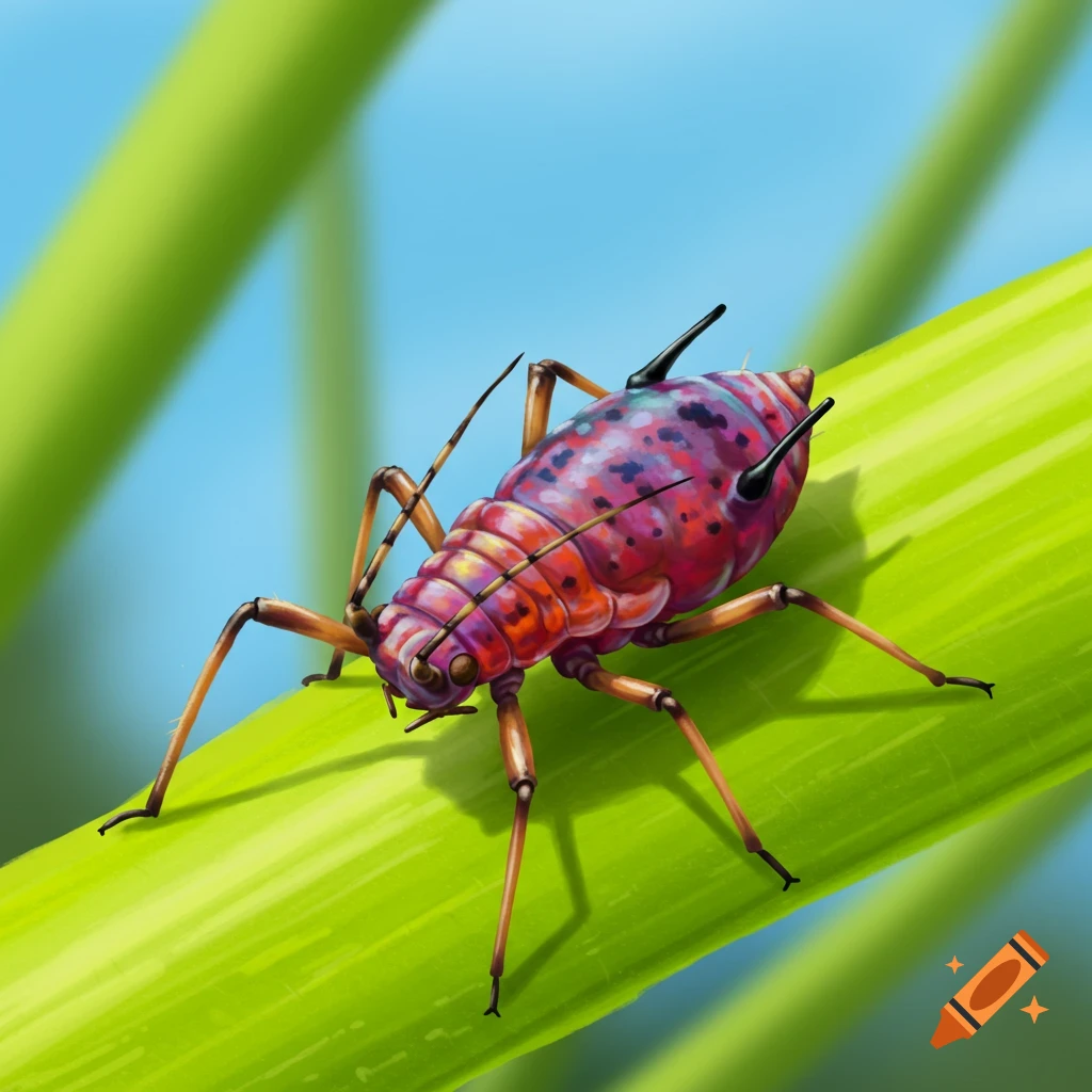 Detailed illustration of a colorful aphid on a green leaf.