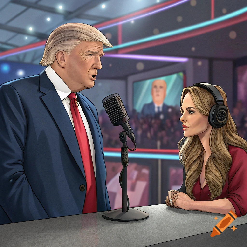 Illustration of a man in a suit speaking into a microphone with a woman in headphones listening across a table in a studio.