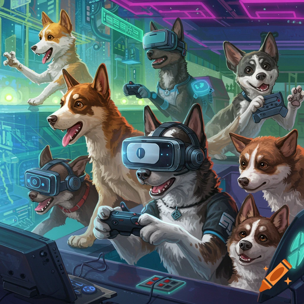 Dogs wearing VR headsets play video games in a futuristic room