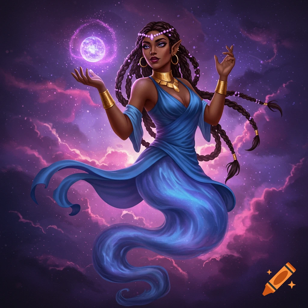 A female genie with braided hair and a blue flowing form holds a glowing purple orb in a starry sky. Fantasy illustration.