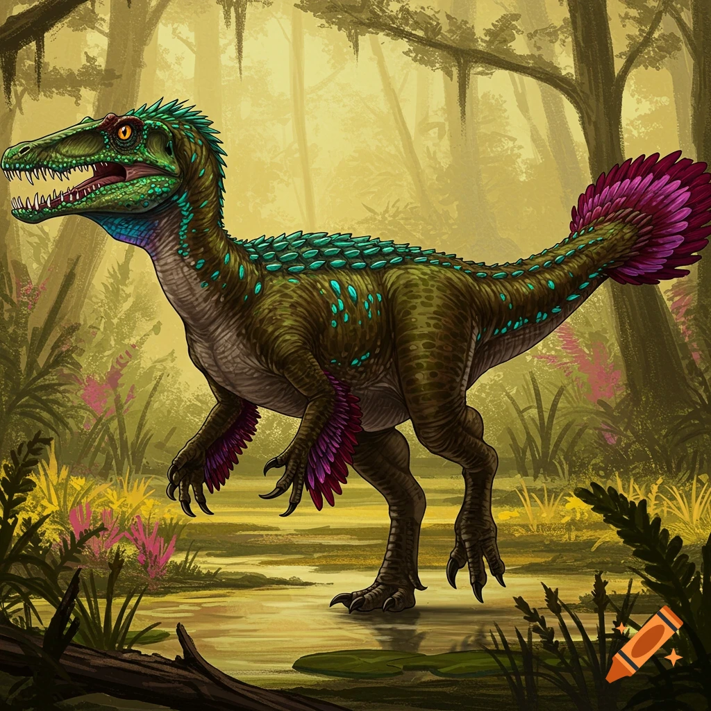 An illustration of a green and purple dinosaur standing in a swamp.