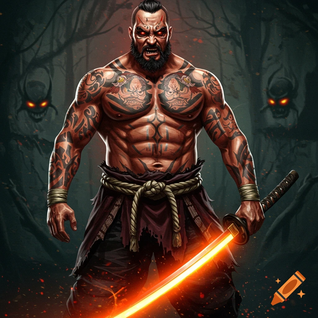 Muscular tattooed warrior with glowing eyes holds a glowing sword in a dark forest with demon faces.