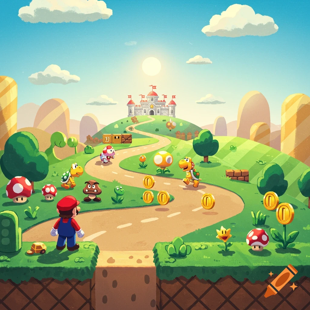 Cartoon illustration of a Super Mario level with Mario, Goomba, Koopa, coins, and castle.
