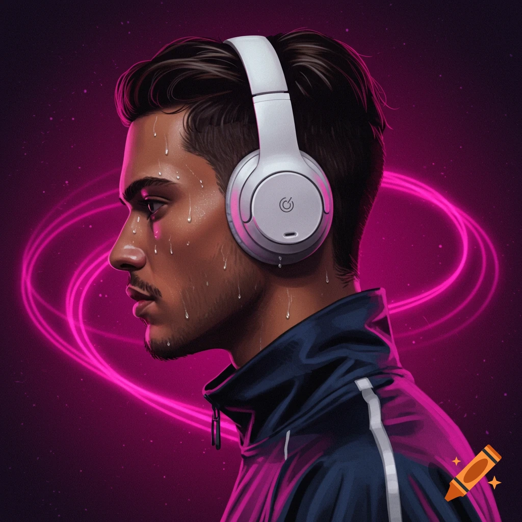 Stylish profile portrait of a sweating man wearing headphones with neon background.