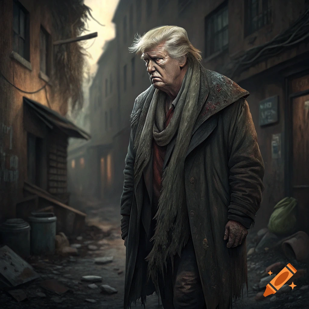 A man resembling Donald Trump, weary and dressed in ragged clothes, stands in a dirty, dilapidated street.