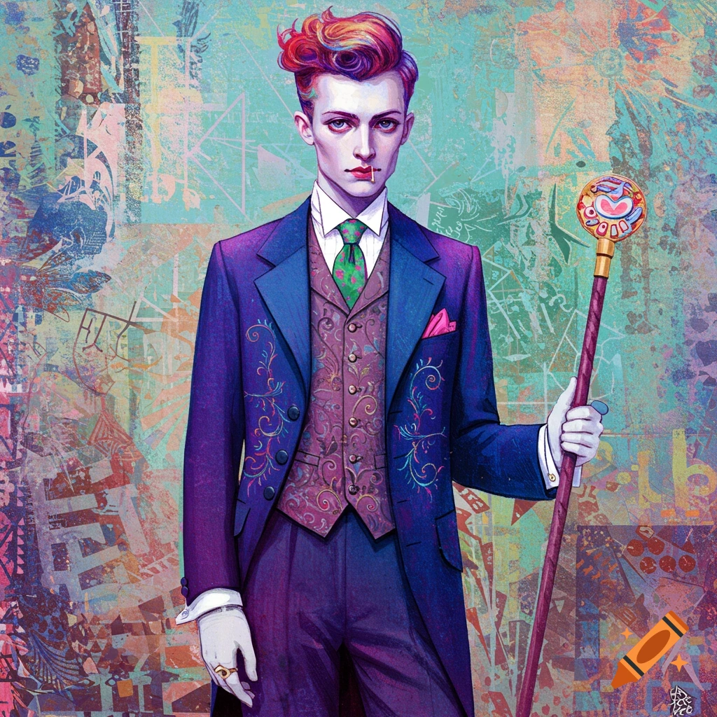 Stylized portrait of a dandy in a purple suit with a cane against an abstract, colorful background.