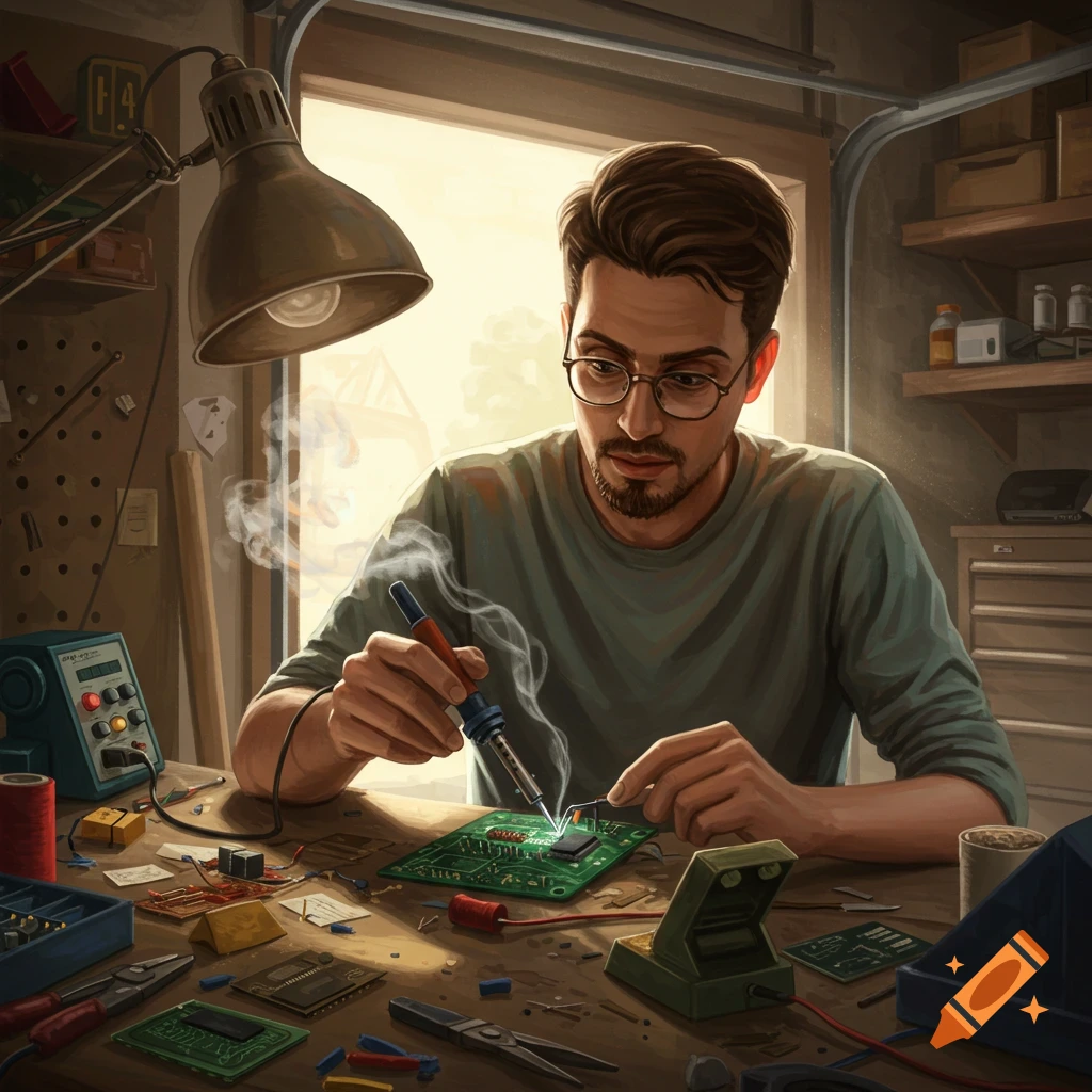 Realistic illustration of a man soldering a circuit board in a messy workshop.
