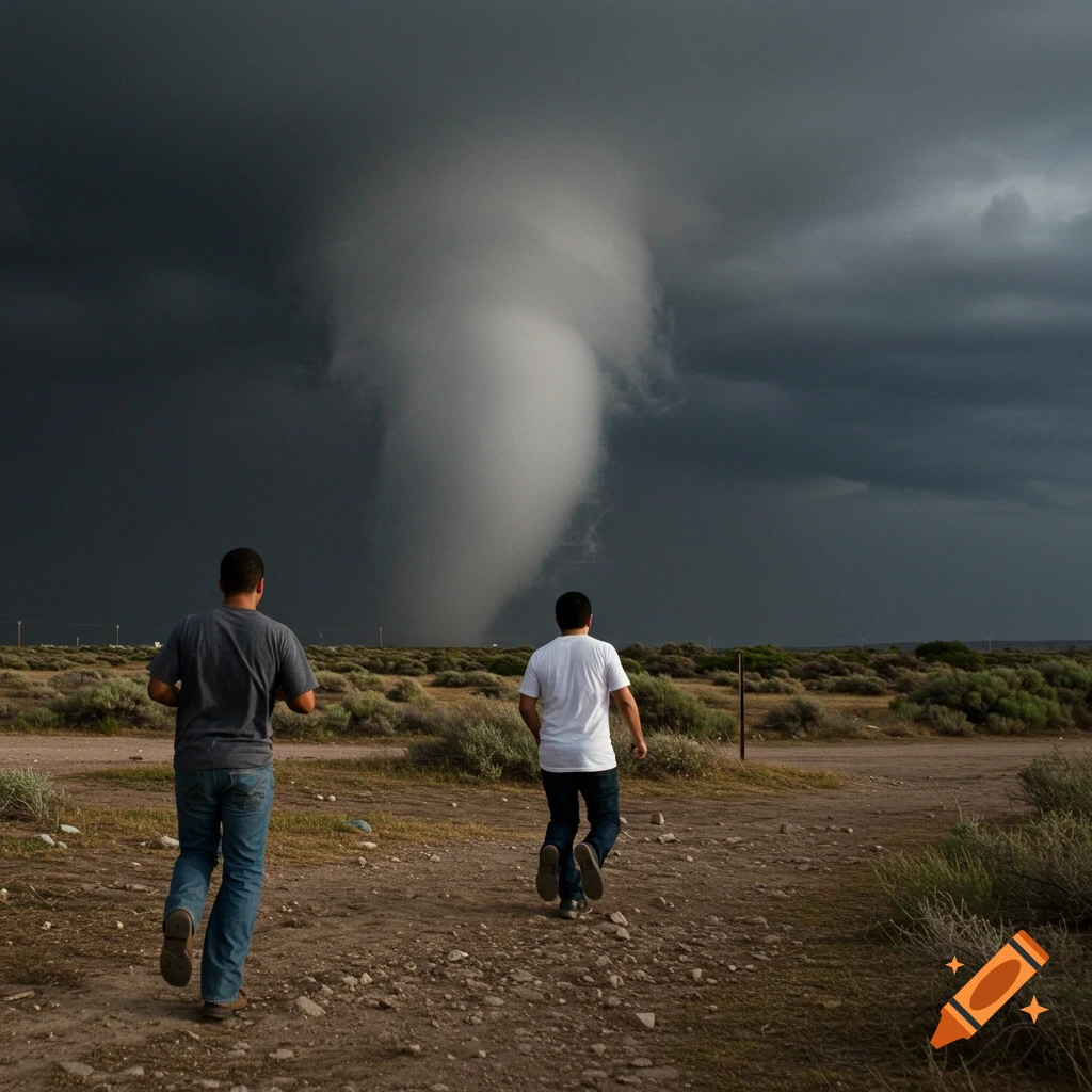 Two men run away from a large tornado under a dark storm sky in a dry, brushy landscape.