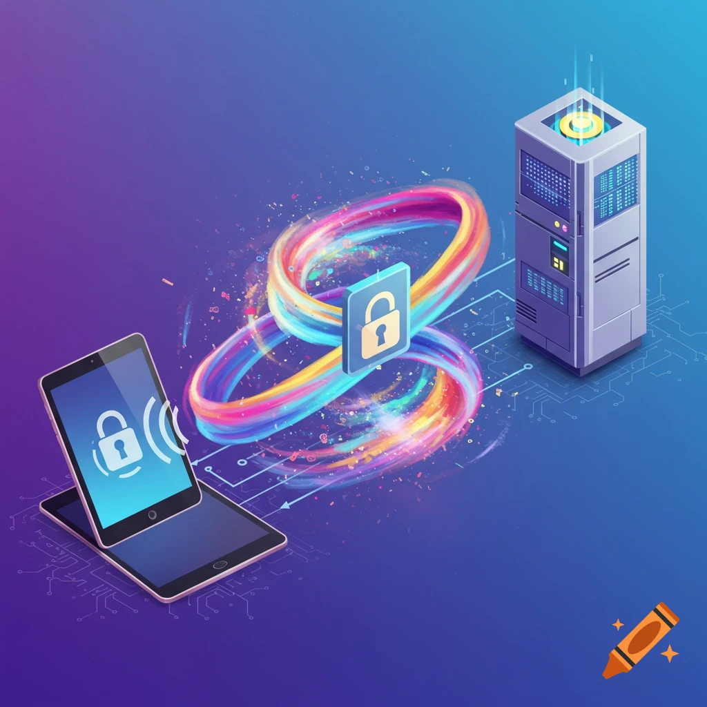 Abstract illustration of a tablet communicating securely with a server via a swirling data connection with a lock symbol.