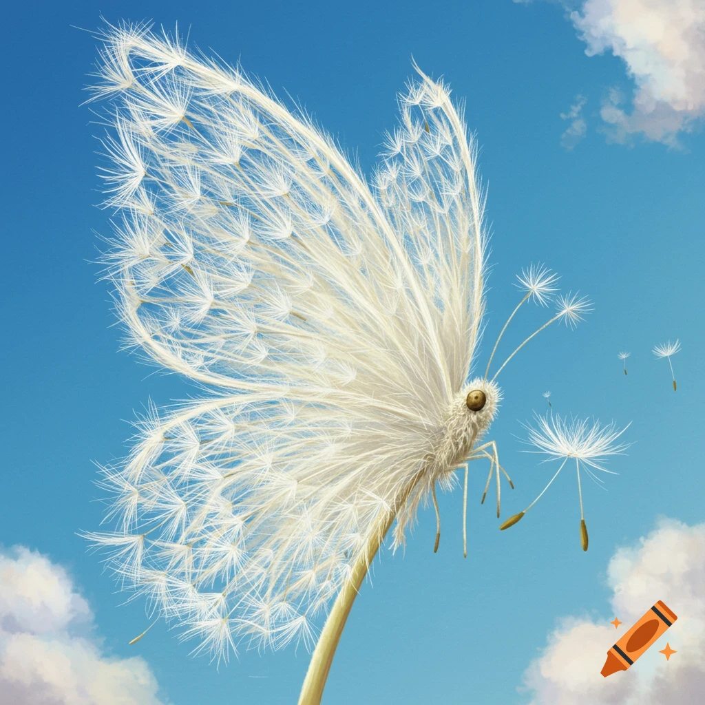 A butterfly with wings made of dandelion fluff flies in a blue sky with clouds.