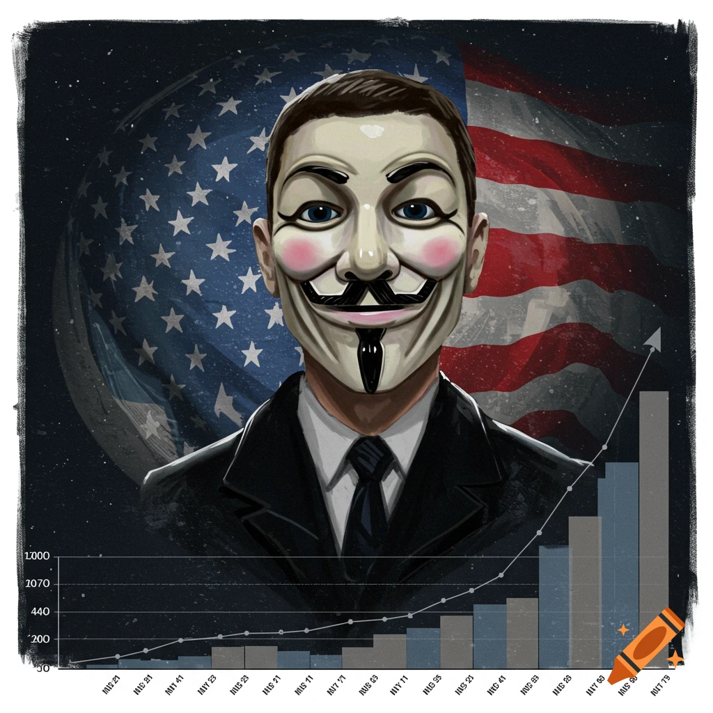 Illustration of a person in a Guy Fawkes mask in front of a US flag with a rising graph overlayed.