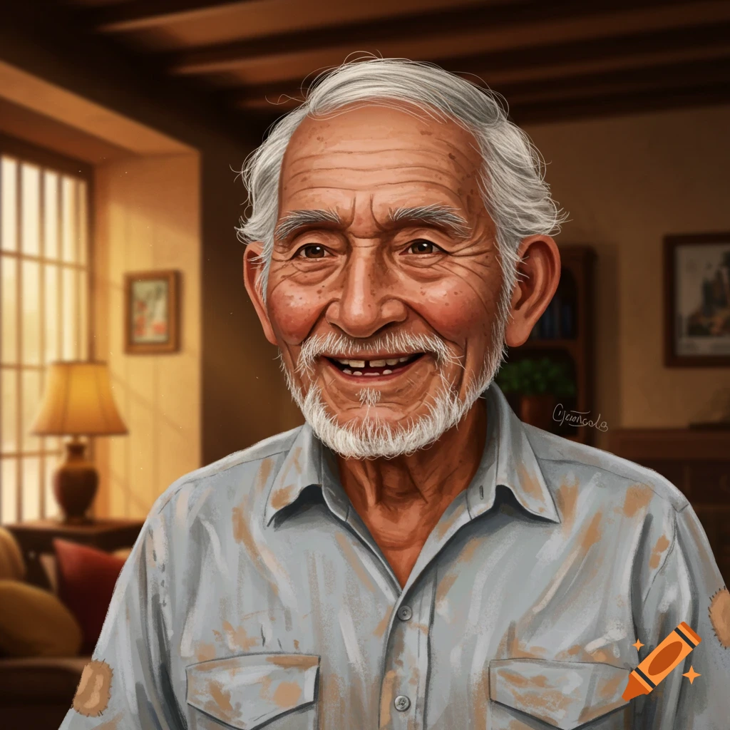 An illustration of a smiling older man with white hair and beard in a light blue shirt indoors.