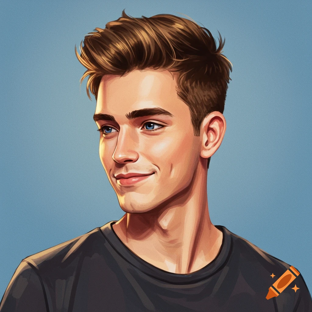 Stylized digital portrait of a young man with brown hair and blue eyes.