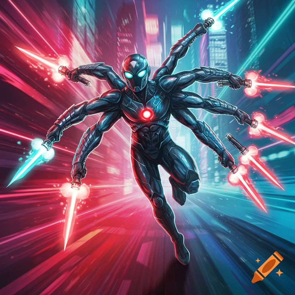 Multi-armed superhero running with glowing swords in a blurry futuristic city street.