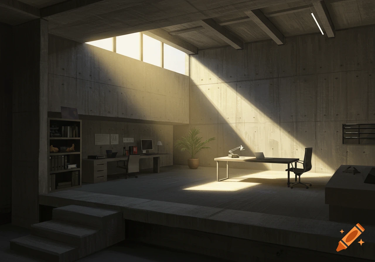 Brutalist style office interior with sunbeam streaming through a large window.