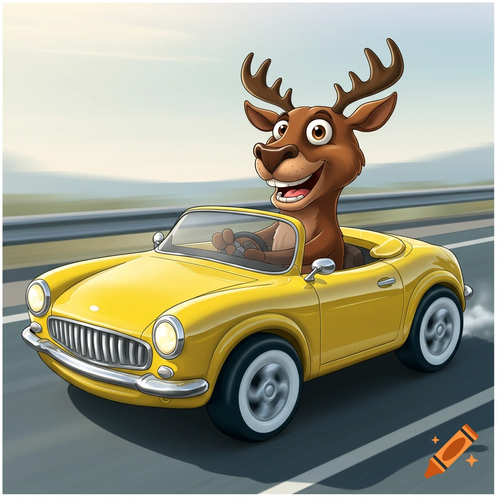A cartoon deer driving a yellow convertible sports car on a highway.