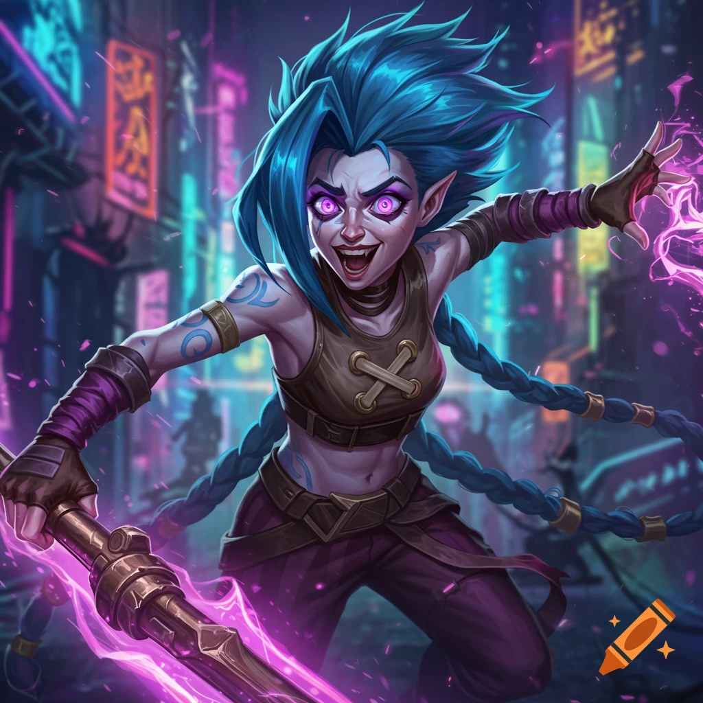 Digital art of a blue-haired woman with pigtails and glowing eyes holding a weapon in a neon city street.