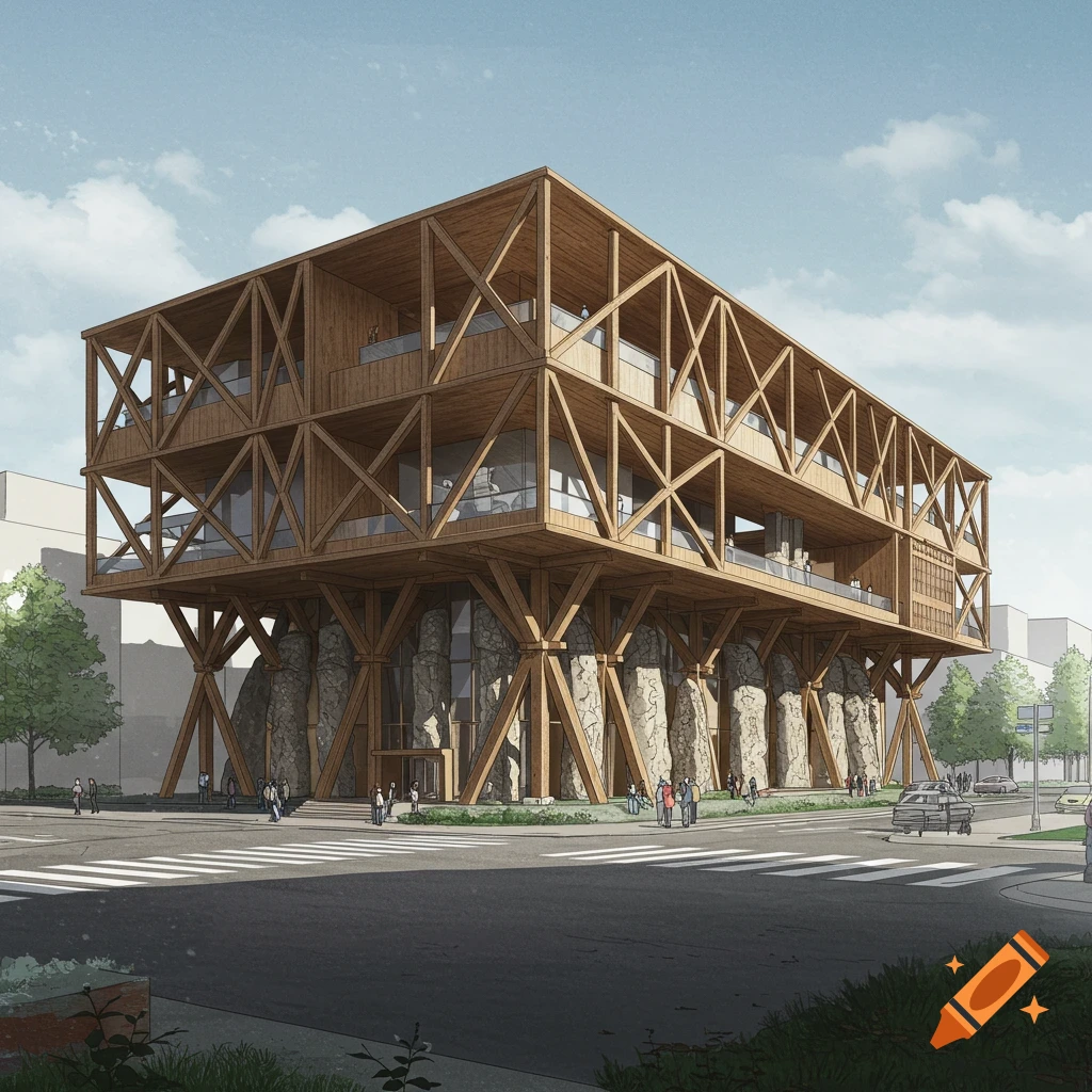 Perspective view of a large wooden building on stone supports on a street corner with people and cars.