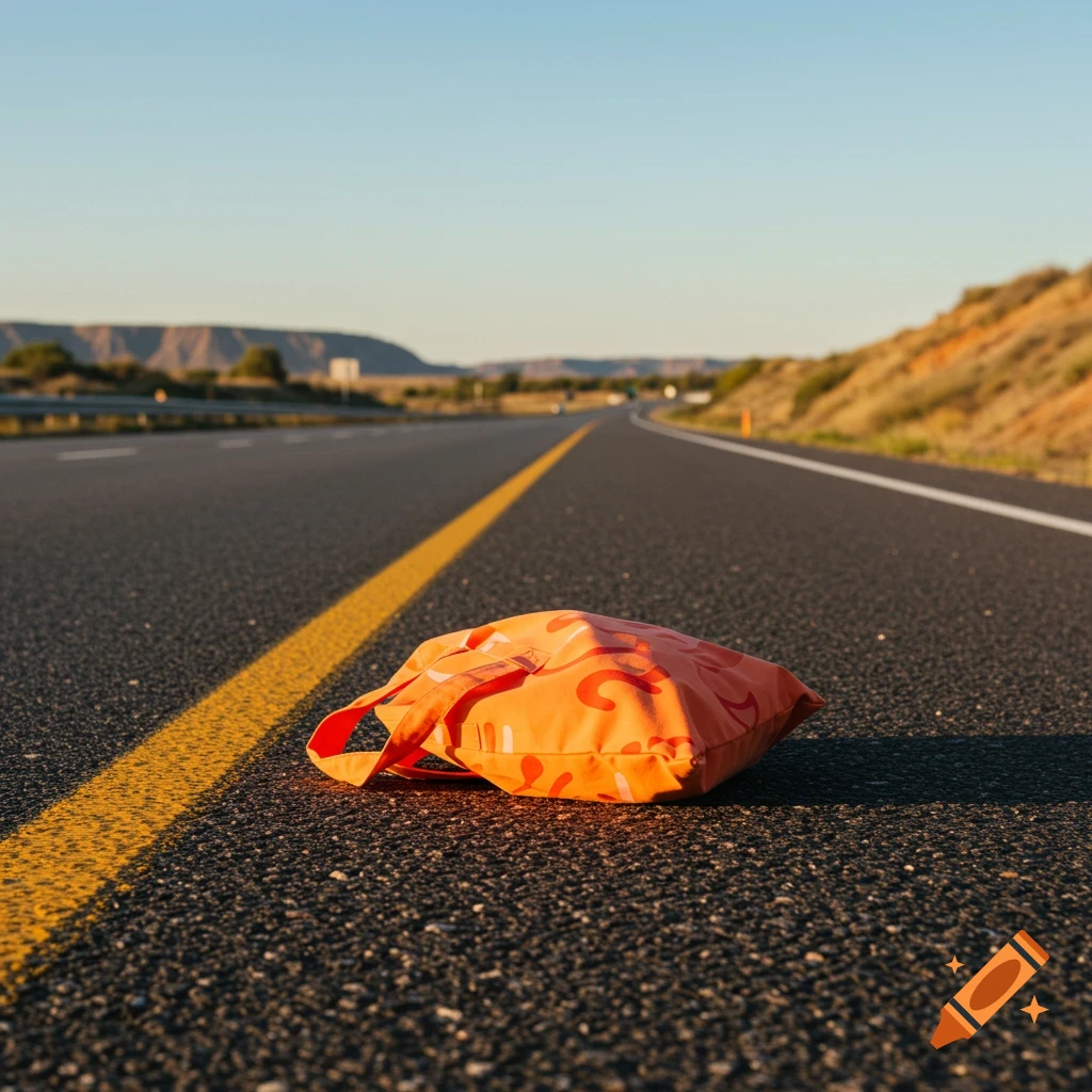 Photorealistic image of an orange tote bag lying on a highway shoulder.