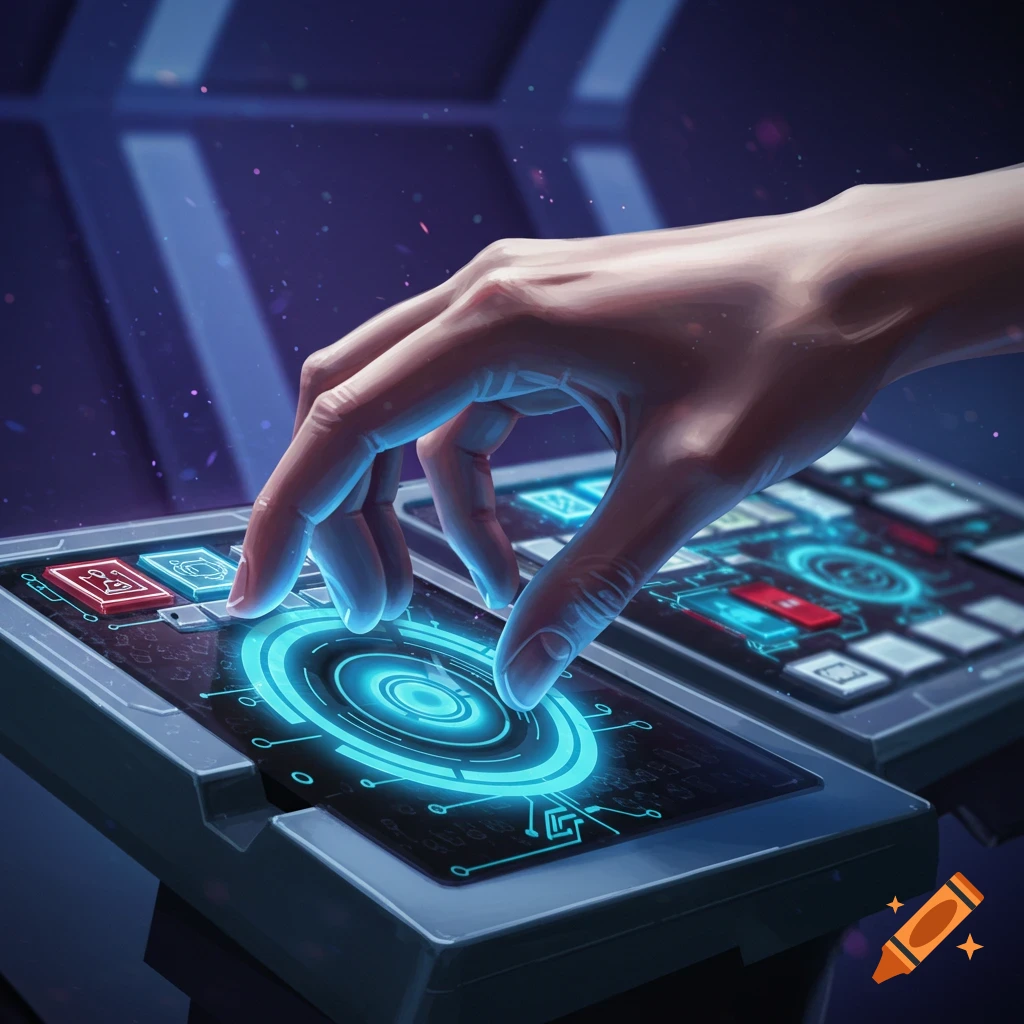 A hand touches a glowing blue circular interface on a futuristic control panel.