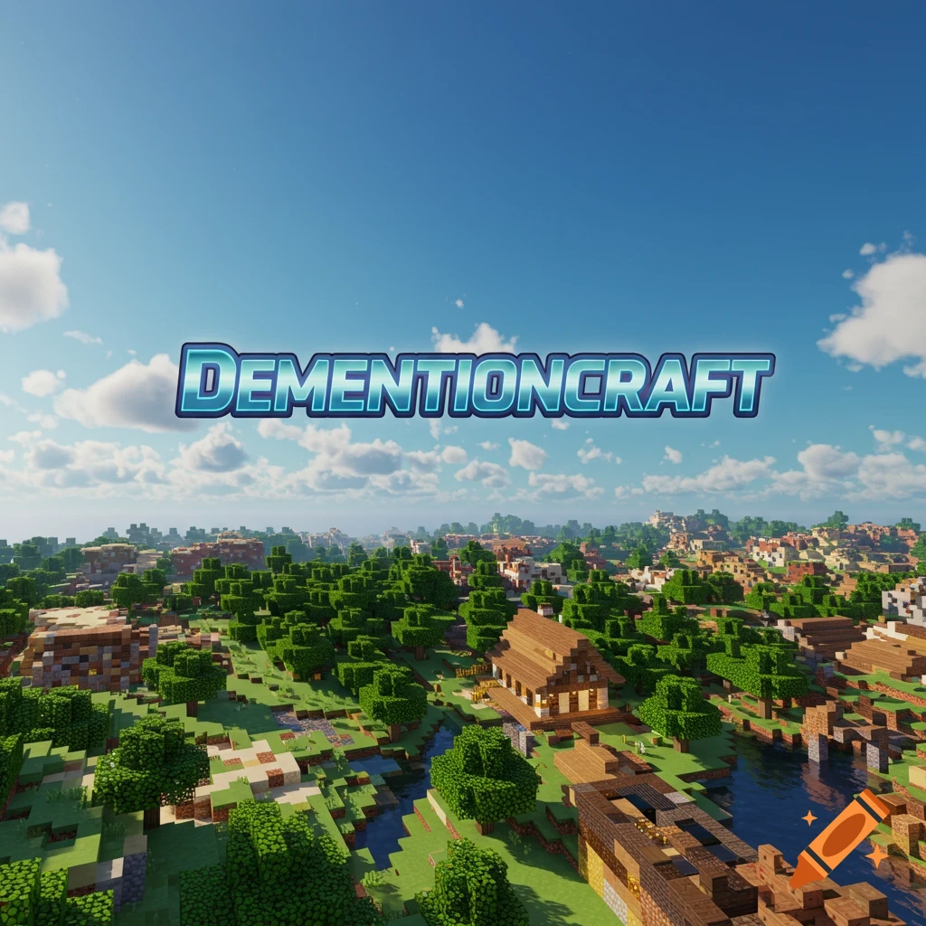 A Minecraft landscape scene with the title DEMENTIONCRAFT floating above it.