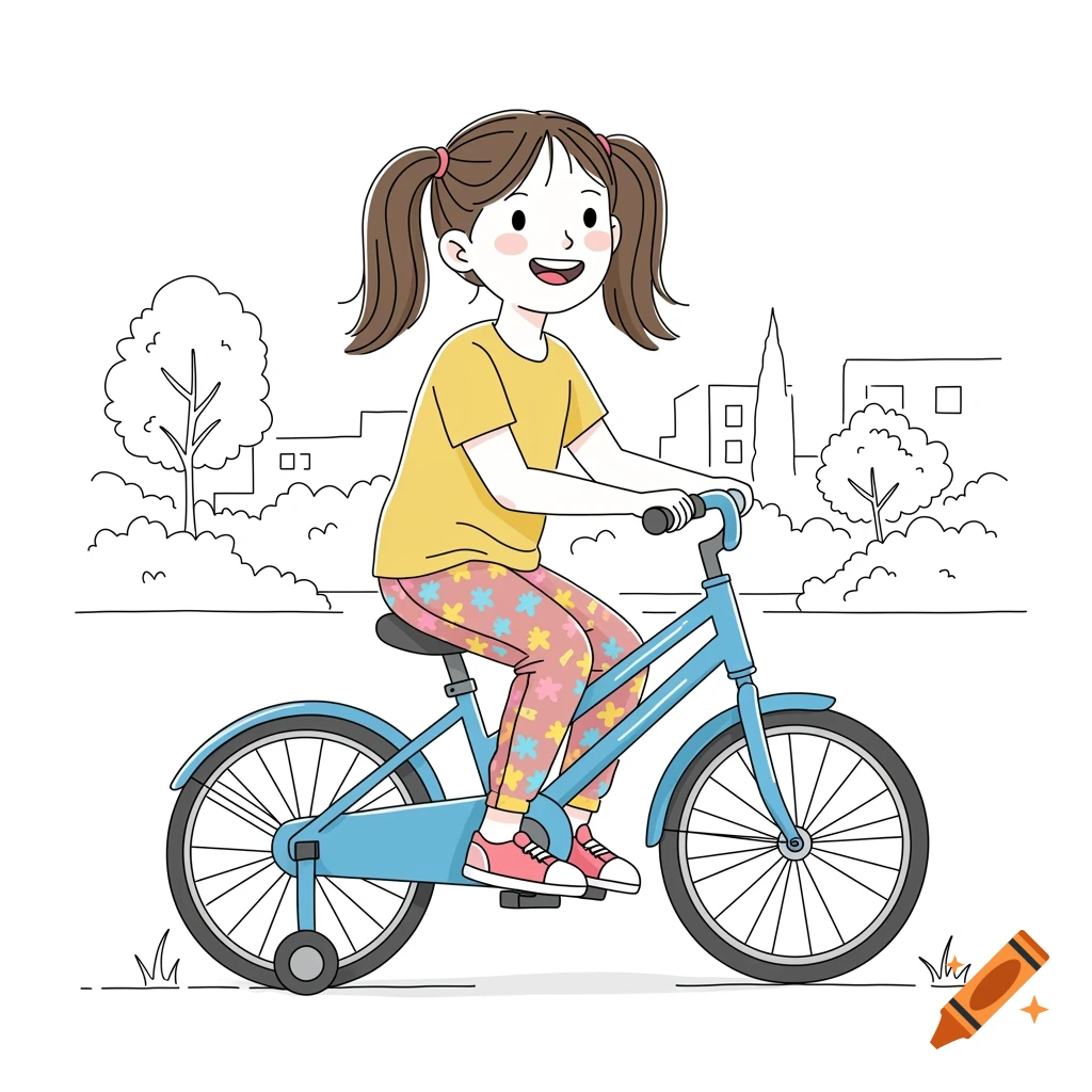 Cartoon girl with pigtails riding a blue bike in a line drawing style.