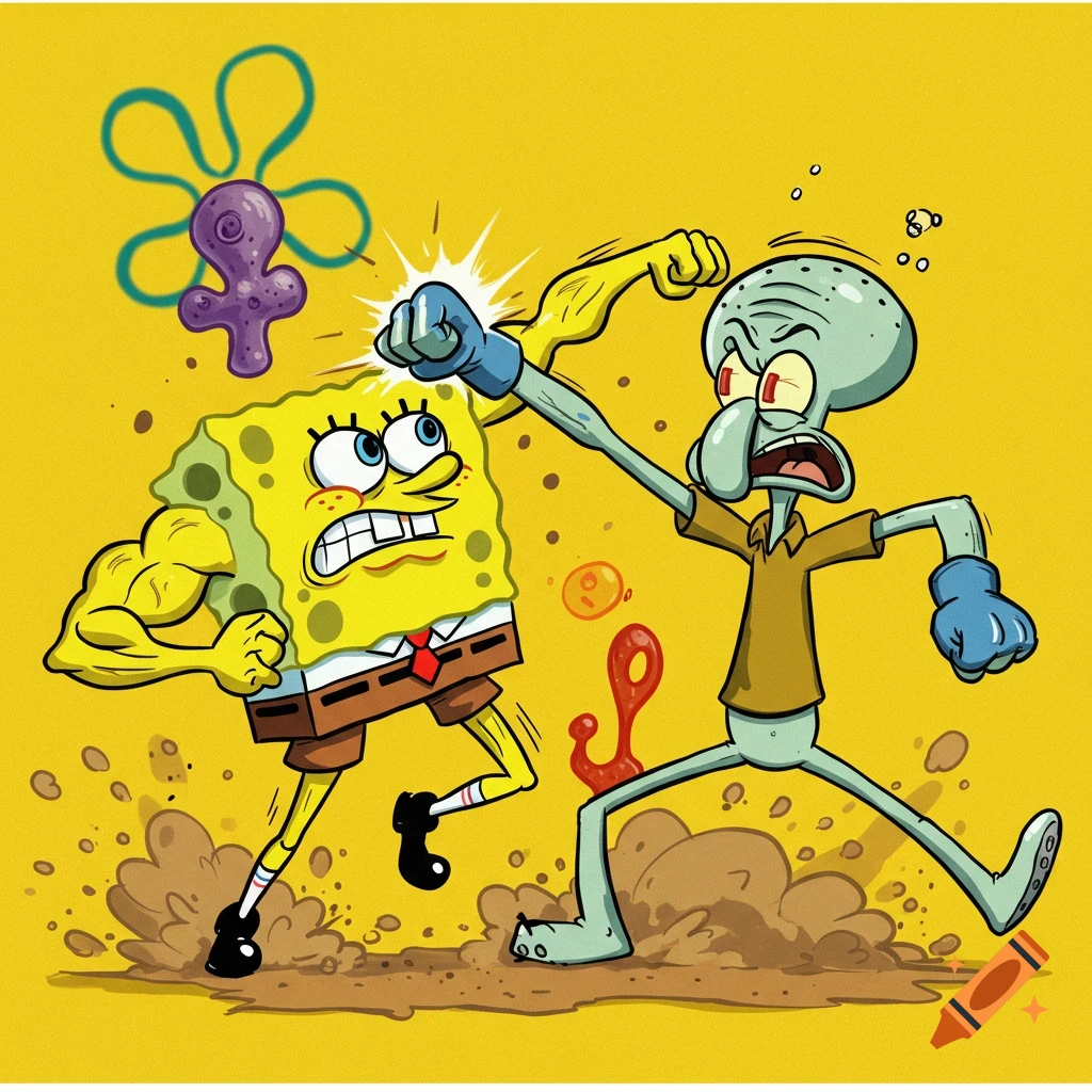 Buff Spongebob punches skinny Squidward in a cartoon illustration.