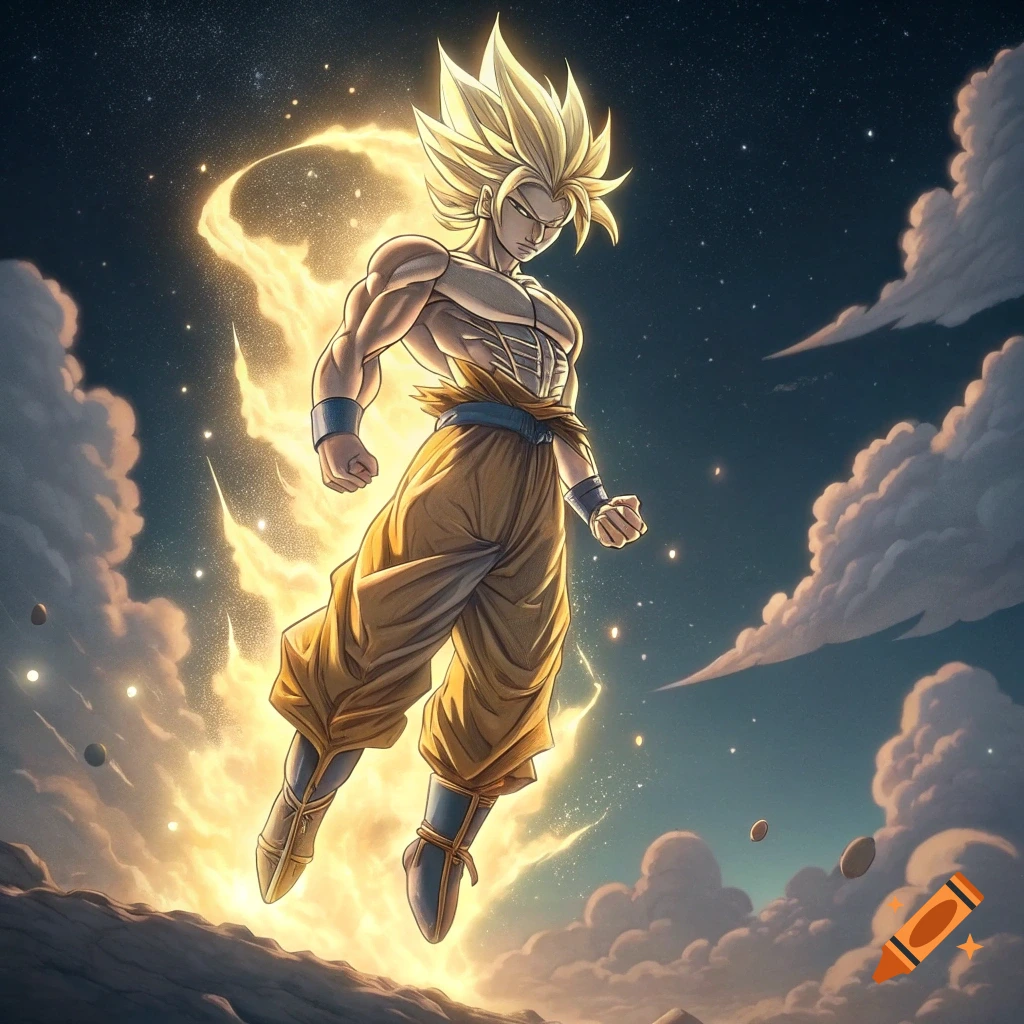 A Super Saiyan character floats in a starry sky with clouds and golden energy.