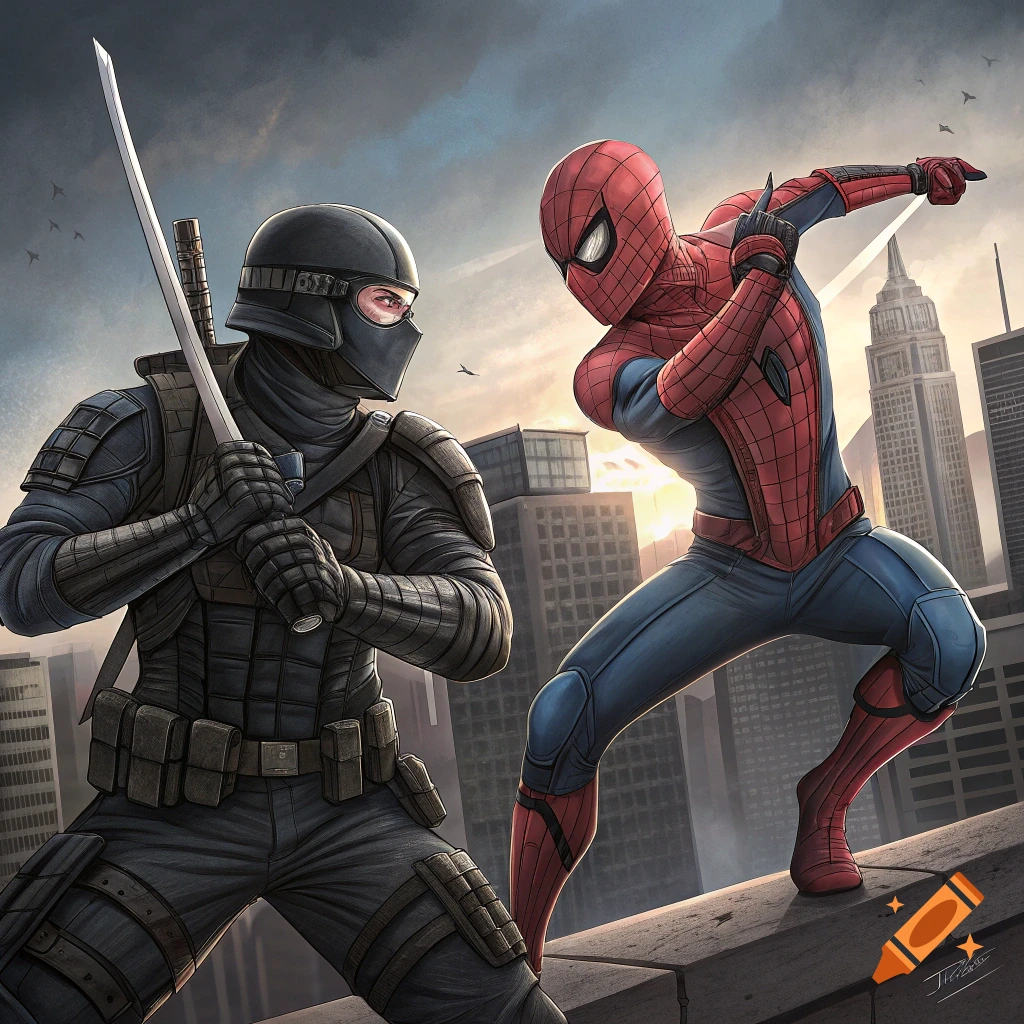 Spider-Man and Snake Eyes face off on a rooftop overlooking a city skyline.