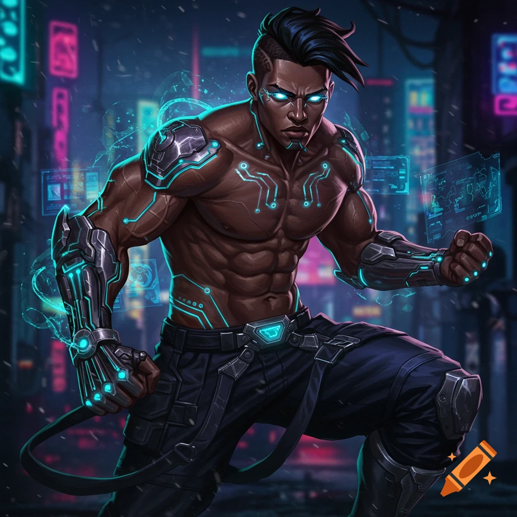 Muscular man with glowing cybernetic circuits in a cyberpunk city.