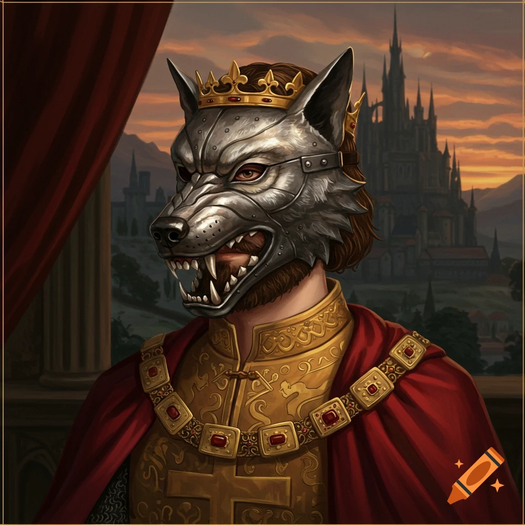 Portrait of a person in a metal wolf mask and crown, wearing red and gold royal robes, with a castle in the background at sunset.