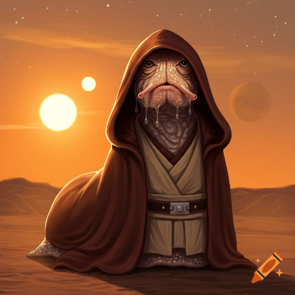 A slug-like alien creature wearing a Jedi robe sits in a desert landscape with two suns, in a Star Wars style.