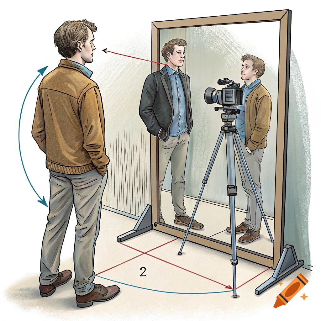 An illustration of a man setting up a camera on a tripod pointed at his reflection in a mirror, with lines on the floor.