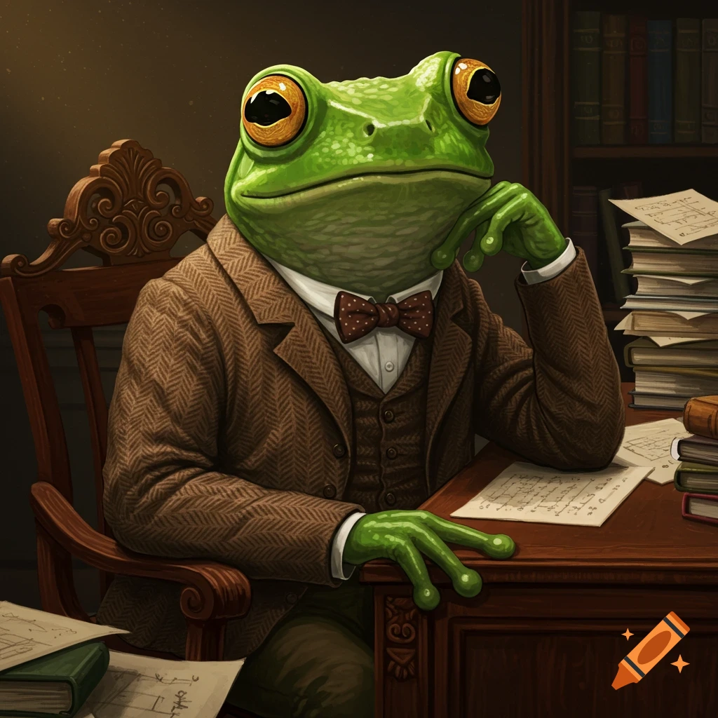 Anthropomorphic frog in a suit sitting at a desk with books and papers, looking thoughtful.