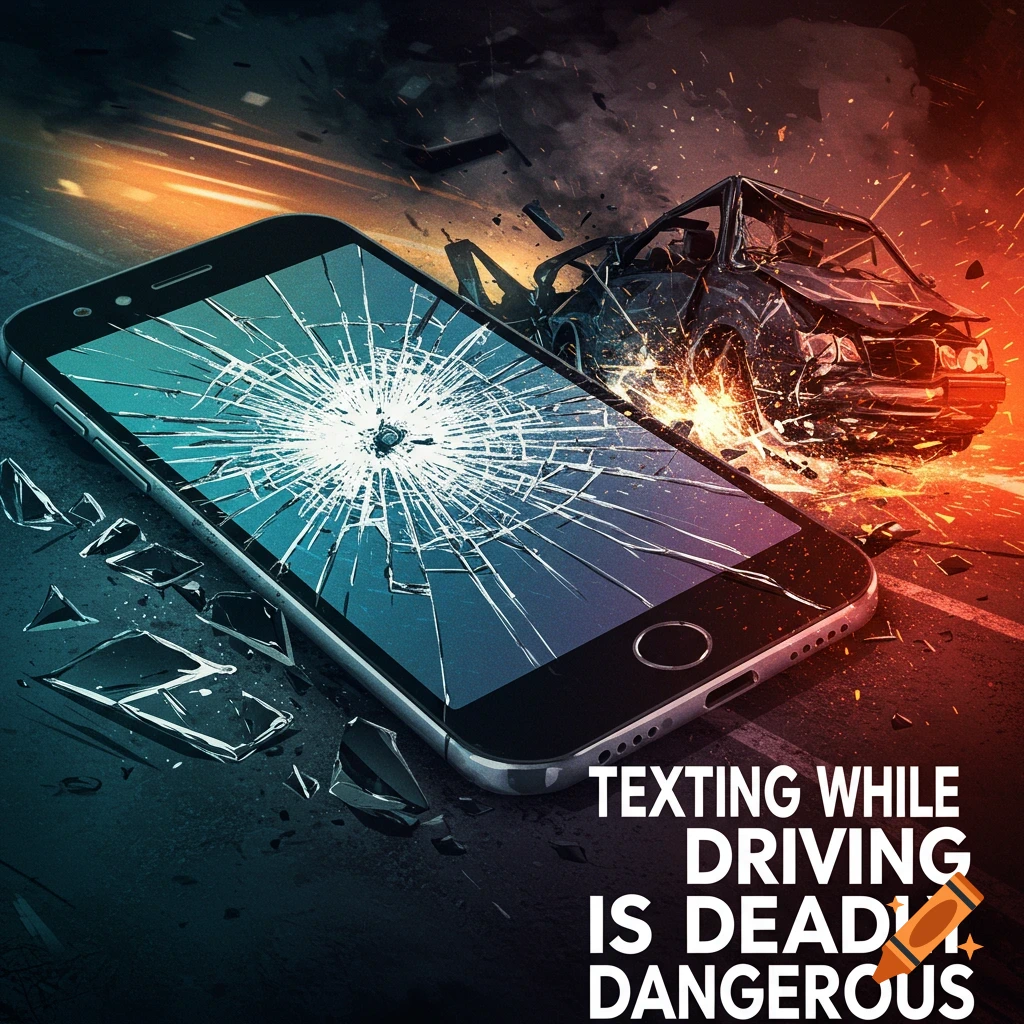 Dramatic illustration of a broken smartphone and a car crash, with text: TEXTING WHILE DRIVING IS DEADLY DANGEROUS.