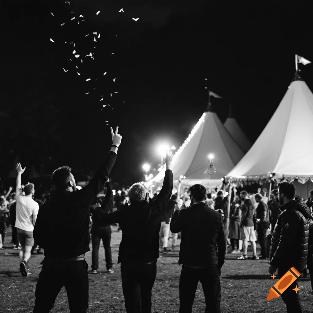 Black and white photo of people celebrating at a night event with confetti falling.