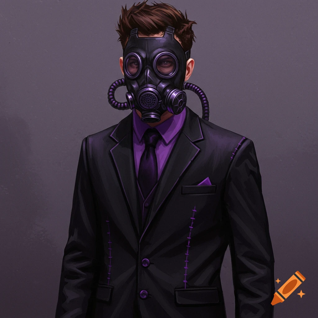 A man wearing a black suit and purple shirt with a black gas mask.