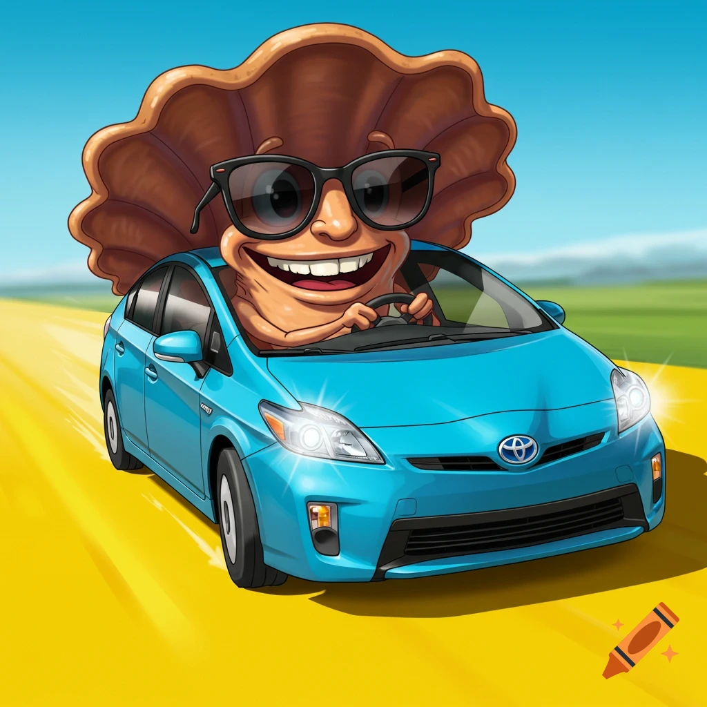 Cartoon clam character in sunglasses driving a blue car on a sunny road.