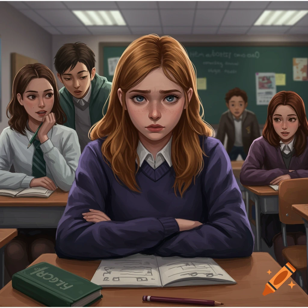 Illustrated scene of a girl looking upset while sitting at a desk in a classroom surrounded by other students.