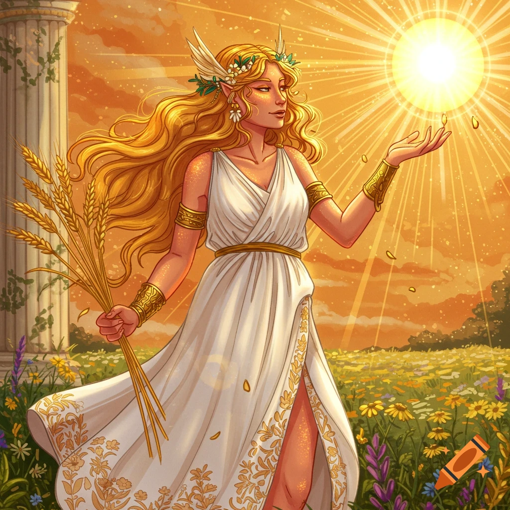 Illustration of a woman in a white Greek dress holding wheat in a wildflower field under a bright sun